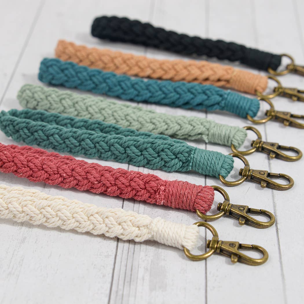 Boho Macrame Keychain, Braided Macrame Wristlet: Azure Blue