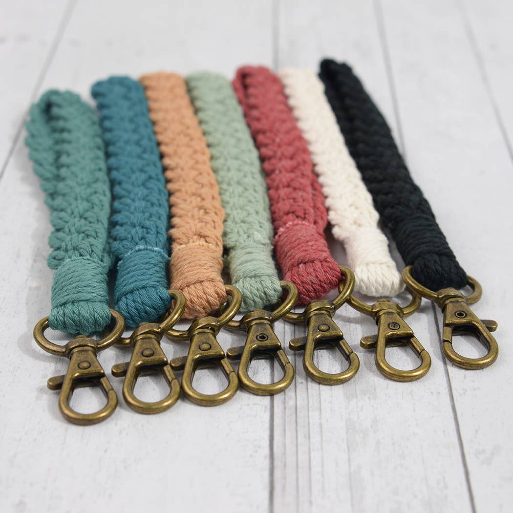 Boho Macrame Keychain, Braided Macrame Wristlet: Azure Blue